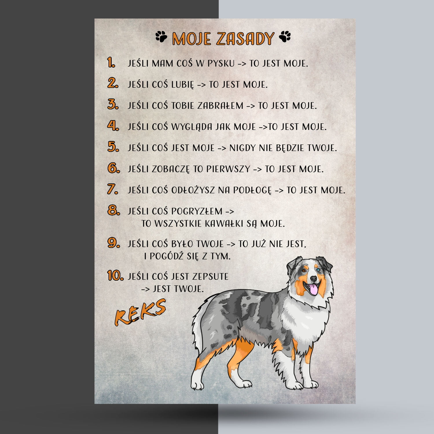 Tabliczka moje zasady - owczarek australijski aussie (z imieniem)